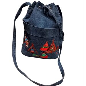 Vintage 90s J.Renee Denim Bucket Bag with Colorful Embroidery